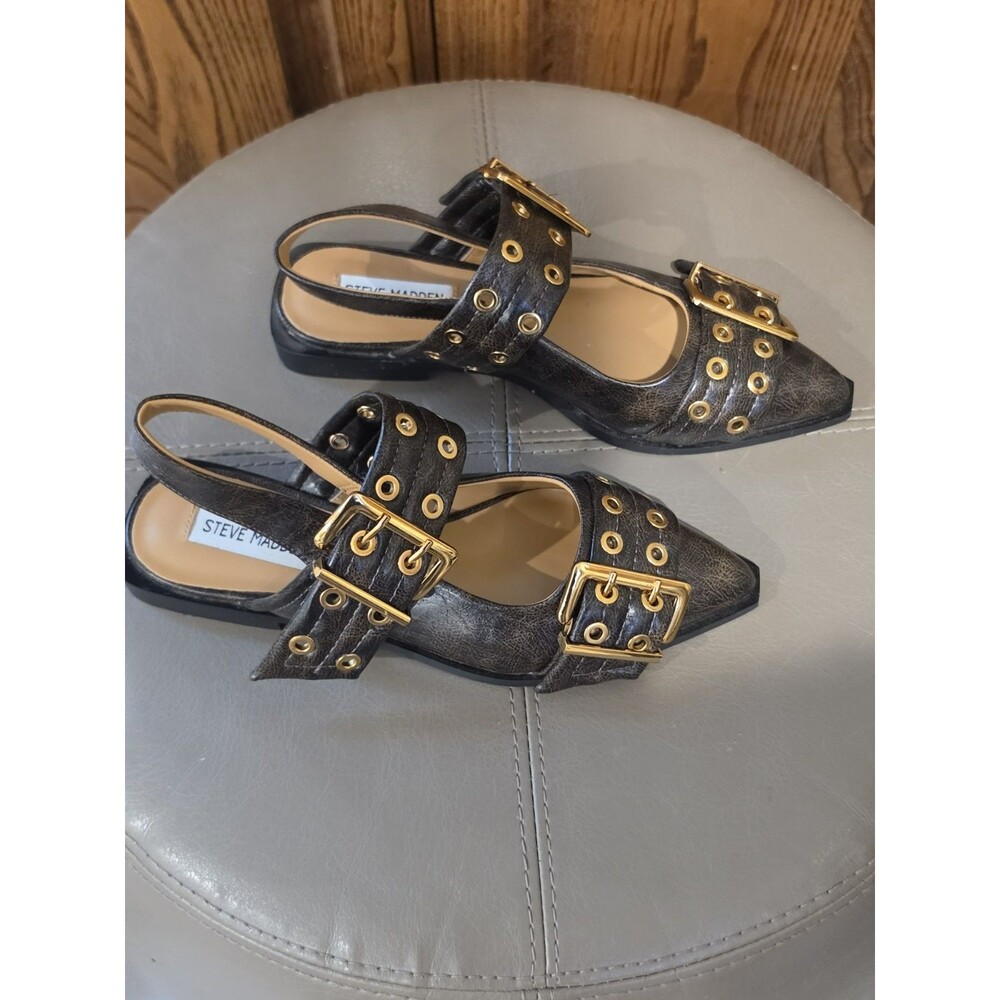 Steve Madden Graya Flats Women's Gold Buckle Brown Patent Slingback Sz 7 - Picture 3 of 7